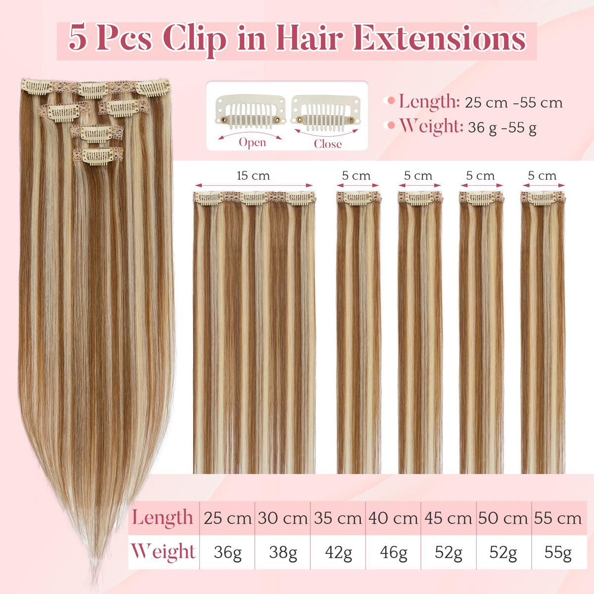 Clip-in Human Hair Extensions Remy Real 5pcs 7-Clips – 25cm 6P613R