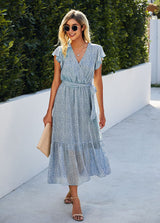 SEVETAT Women's Chiffon Boho Long Dress with Belt Summer Dress Party Dress Elegant V-Neck Maxi Dress Floral Dress Evening Dress Ruffles Beach Dress Cocktail Dress (Light Blue, L)