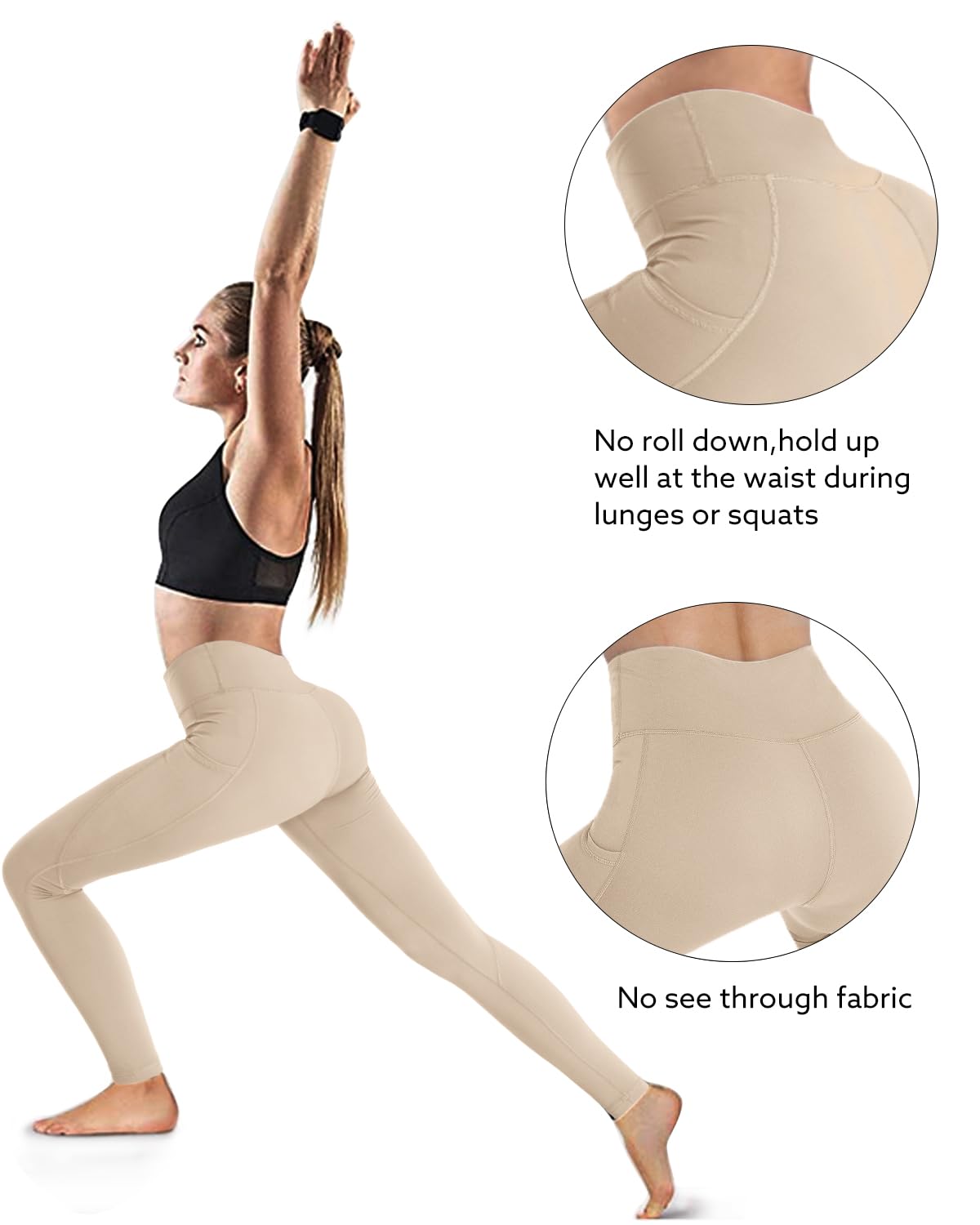 Pantaloni de yoga și fitness cu talie înaltă și buzunare OUGES – Kaki S