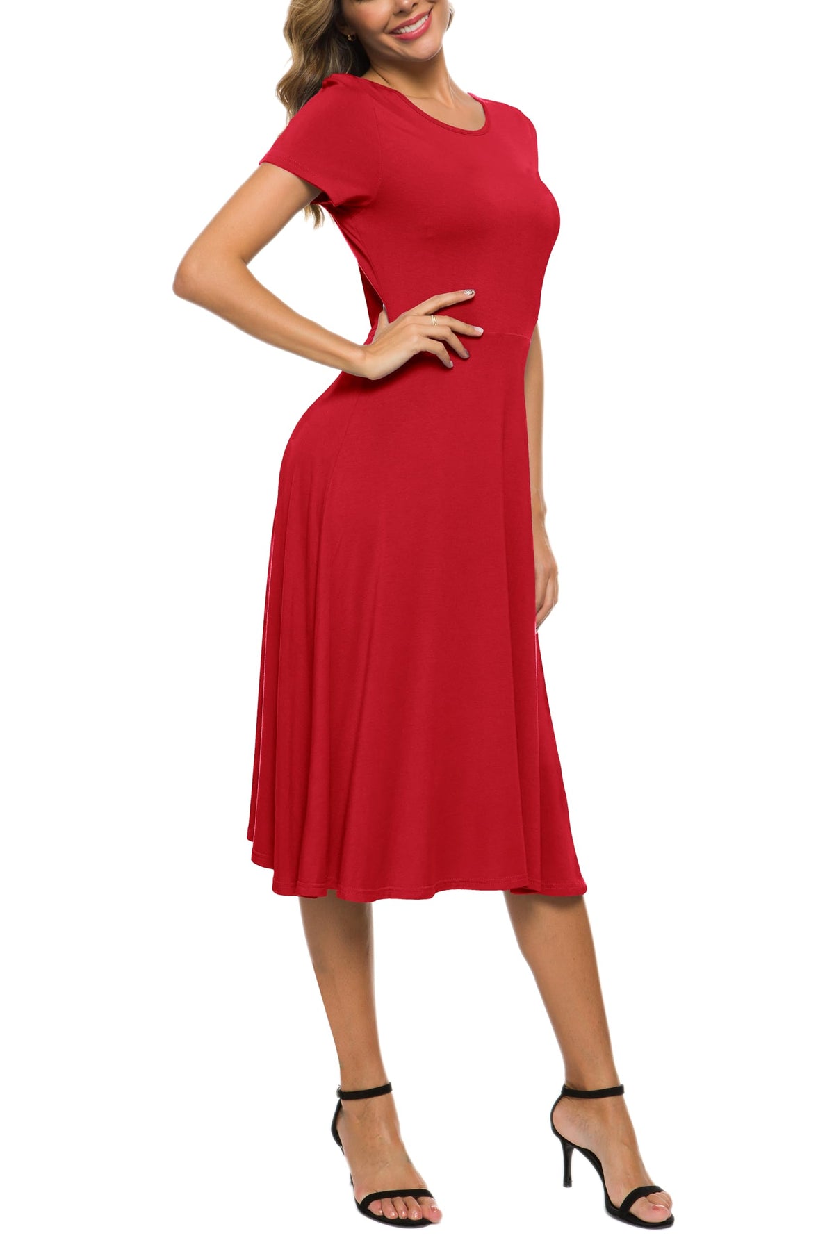 Rochie midi cloș lejeră damă EXCHIC guler rotund – Roșu XL
