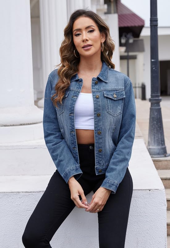 Women's Short Denim Jacket Oversized Long Sleeve with Pockets - Blue S