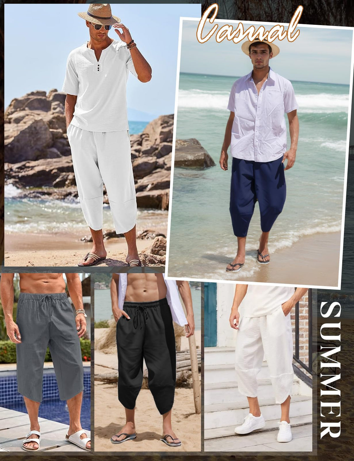 Men's 3/4 Lightweight Summer Trousers Baggy Cotton Harem with Drawstring & Pockets – M