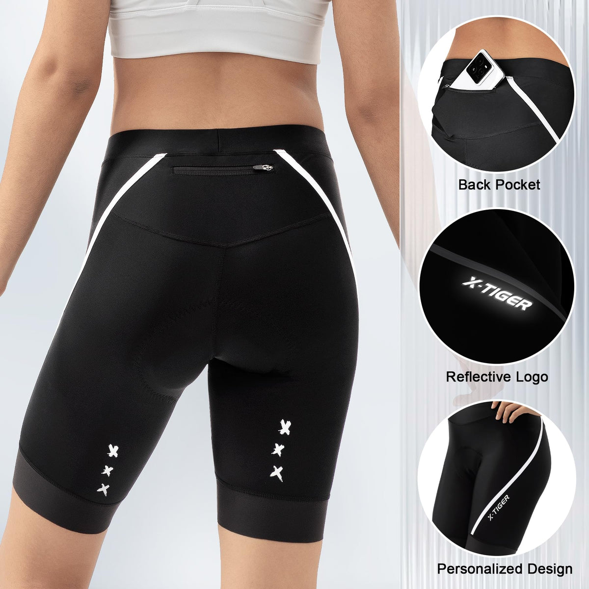 X-TIGER Women's Padded Cycling Shorts Quick-Dry Breathable with Zipped Pockets