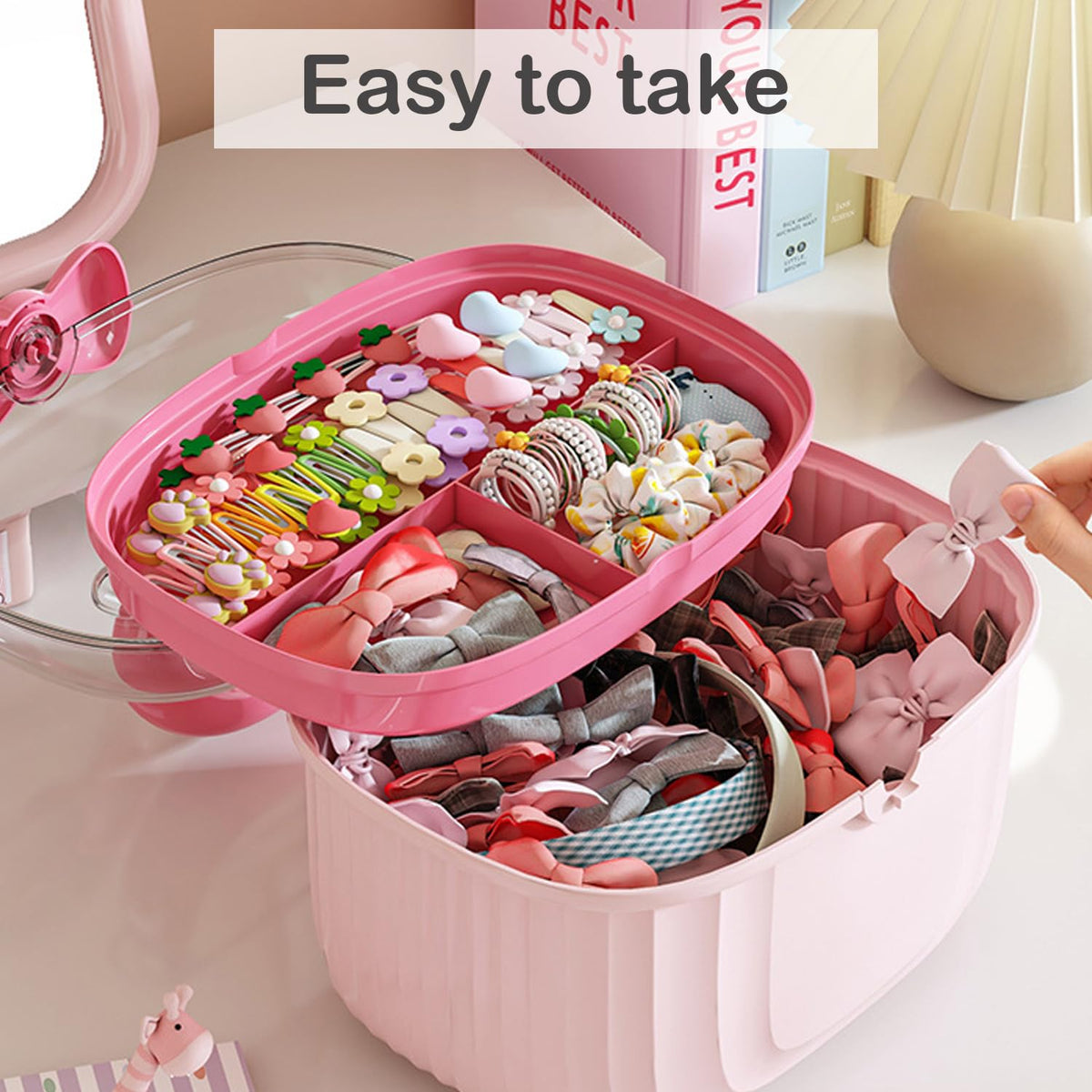 Hair Tie Storage Box with Handle 3-Tier Organizer for Kids Accessories - Pink