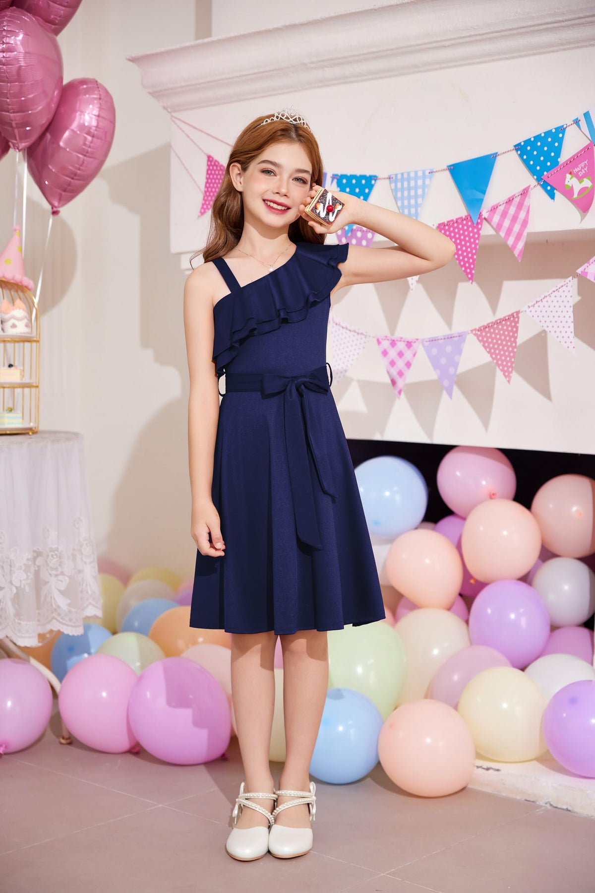 Girls' One-Shoulder Party Dress Ruffle Collar with Belt – Navy 9-10 Years