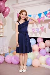 Girls' One-Shoulder Party Dress Ruffle Collar with Belt – Navy 9-10 Years