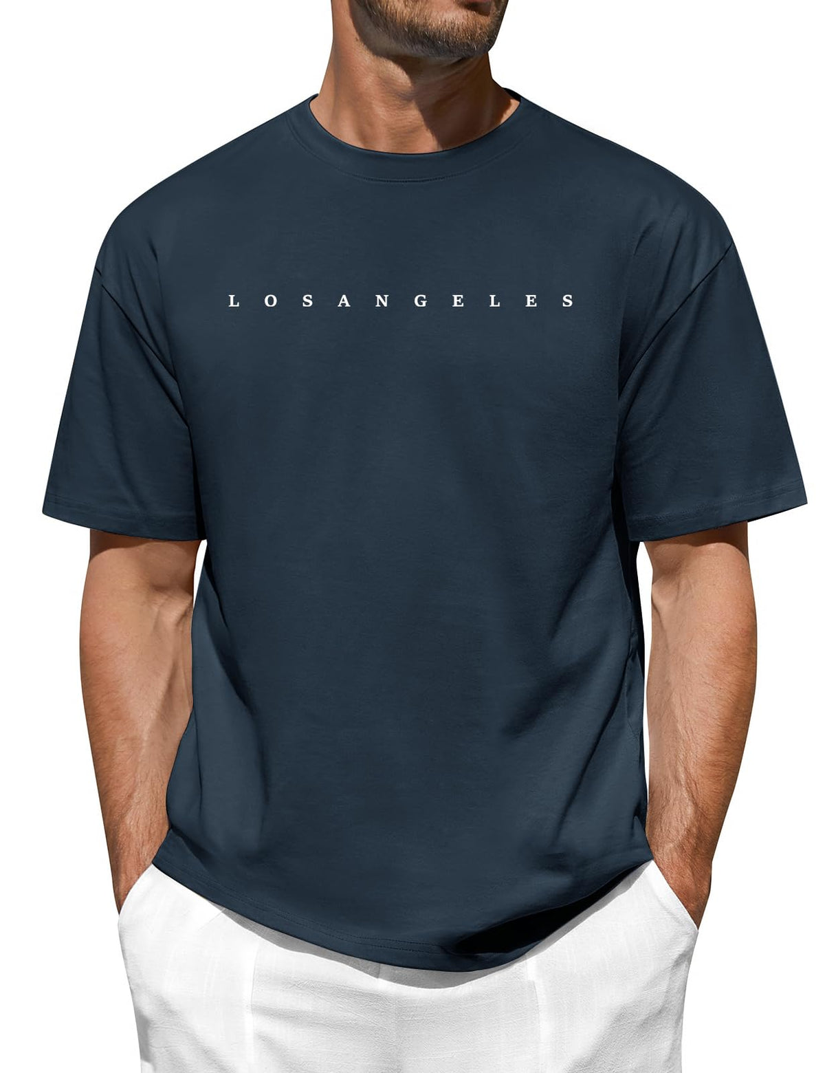 Men's Cotton Short Sleeve T-Shirt Letter Print Crewneck Relaxed Heavyweight – Los Angeles Blue S