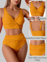 Costum de baie damă din 2 piese triunghi push-up talie înaltă – Galben L