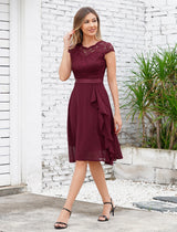 Rochie elegantă de cocktail și ocazie din dantelă și voal cu volane Odizli – Roșu Bordeaux L
