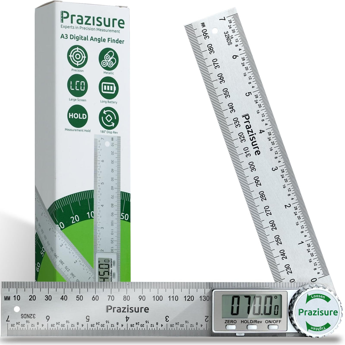 Prazisure Digital Angle Finder 200mm Stainless Steel Protractor – Silver