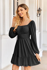 Imily Bela Women's Dresses Square Neck Party Dress Mesh Mini Dress High Waist Pleated Long Sleeve Dress Wedding Guest with Ruffles (Black, S)