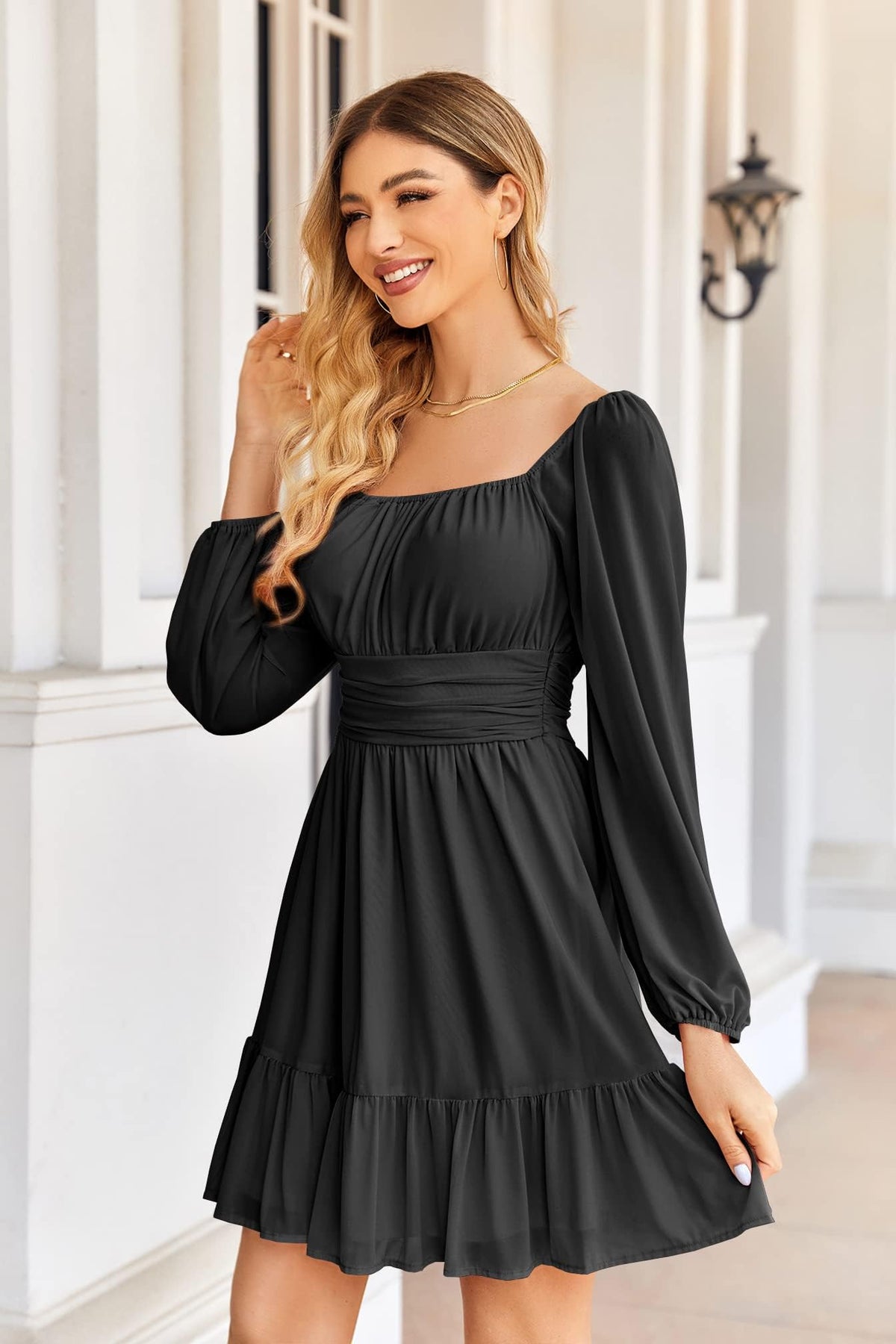 Imily Bela Women's Dresses Square Neck Party Dress Mesh Mini Dress High Waist Pleated Long Sleeve Dress Wedding Guest with Ruffles (Black, S)