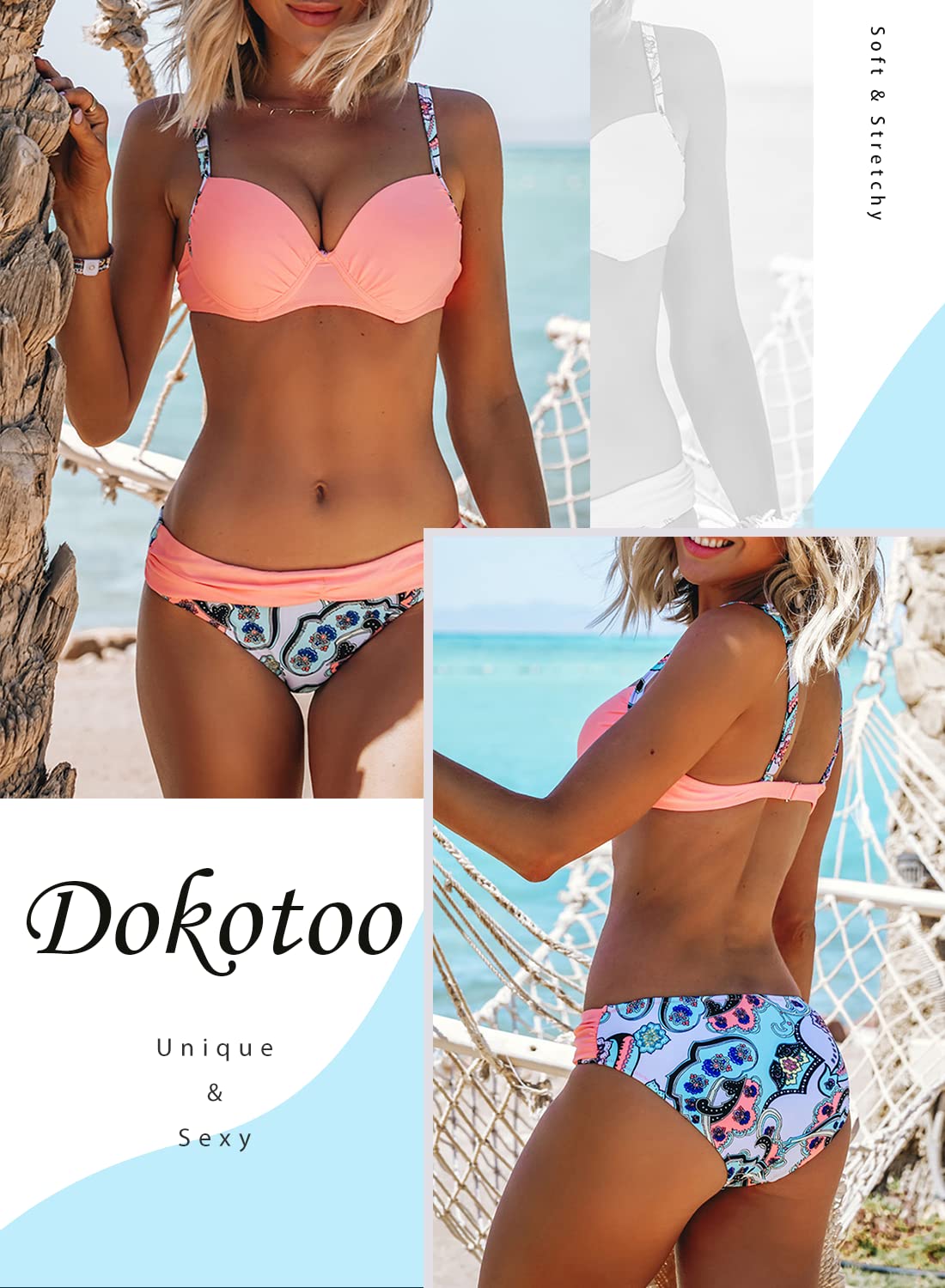 Costum de baie două piese damă Dokotoo sexy push-up – Roz M