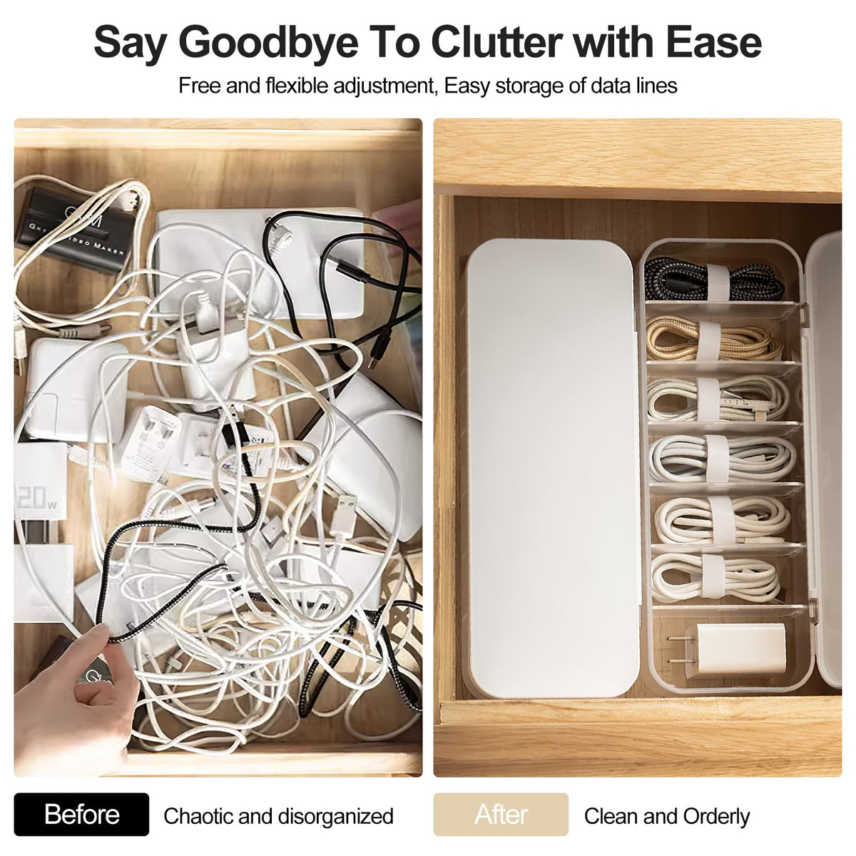 FRETONBA Cable Storage Box 2 Pack, Transparent Cable Organizer Box with 7 Compartments and 14 Cable Ties for Storage on the Desk (Office)