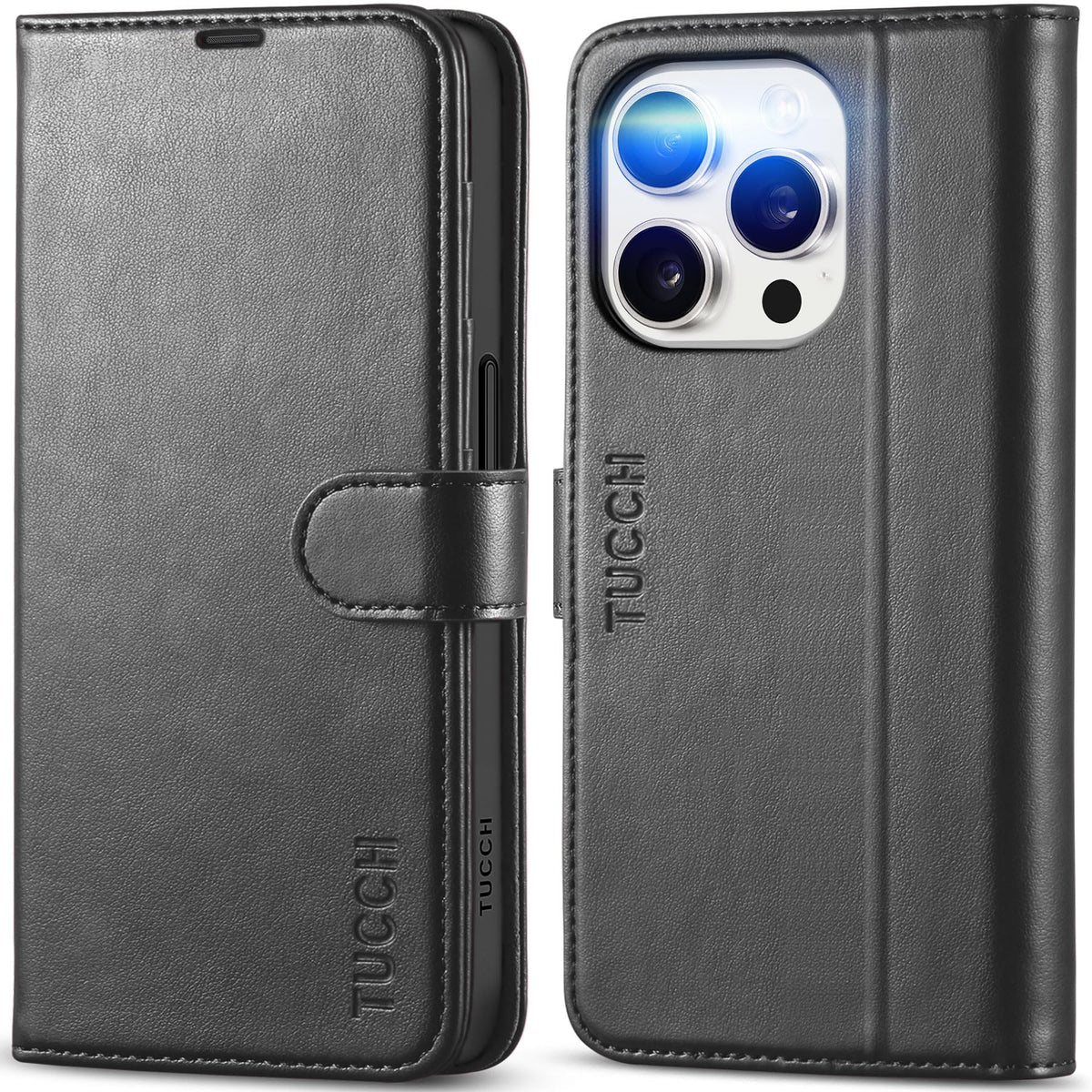 Husă tip carte din piele ecologică TUCCH protecție RFID pentru iPhone 15 Pro – Negru