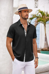 Cămașă casual de plajă bărbați lejeră cu mânecă scurtă și buzunar – Negru XL