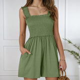 Women's U-Neck Pleated Summer Playsuit Short Romper Loose Casual – Green M