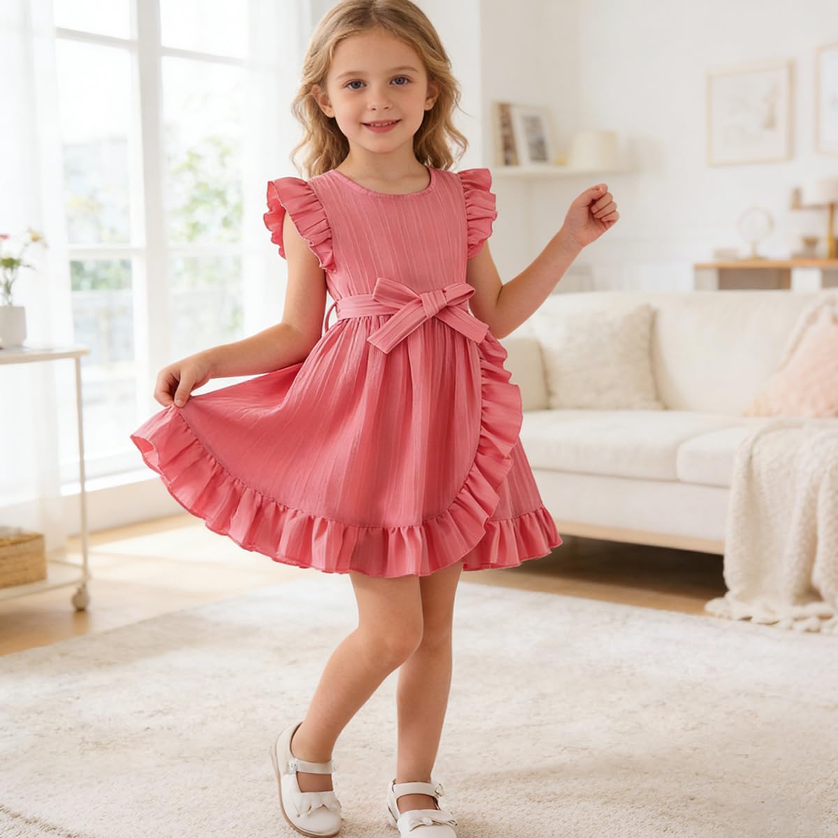 Girls' A-Line Dress Bowknot Ruffle Short Sleeve – Pink 122