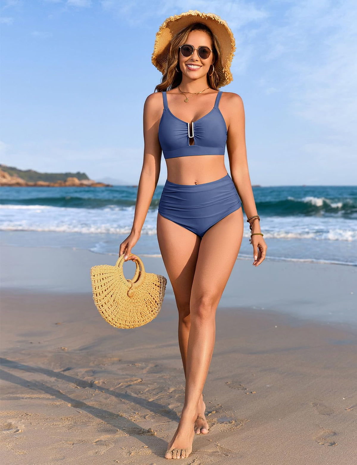 Women's High-Waist Tummy Control 2-Piece Push-Up Swimsuit U-Neck