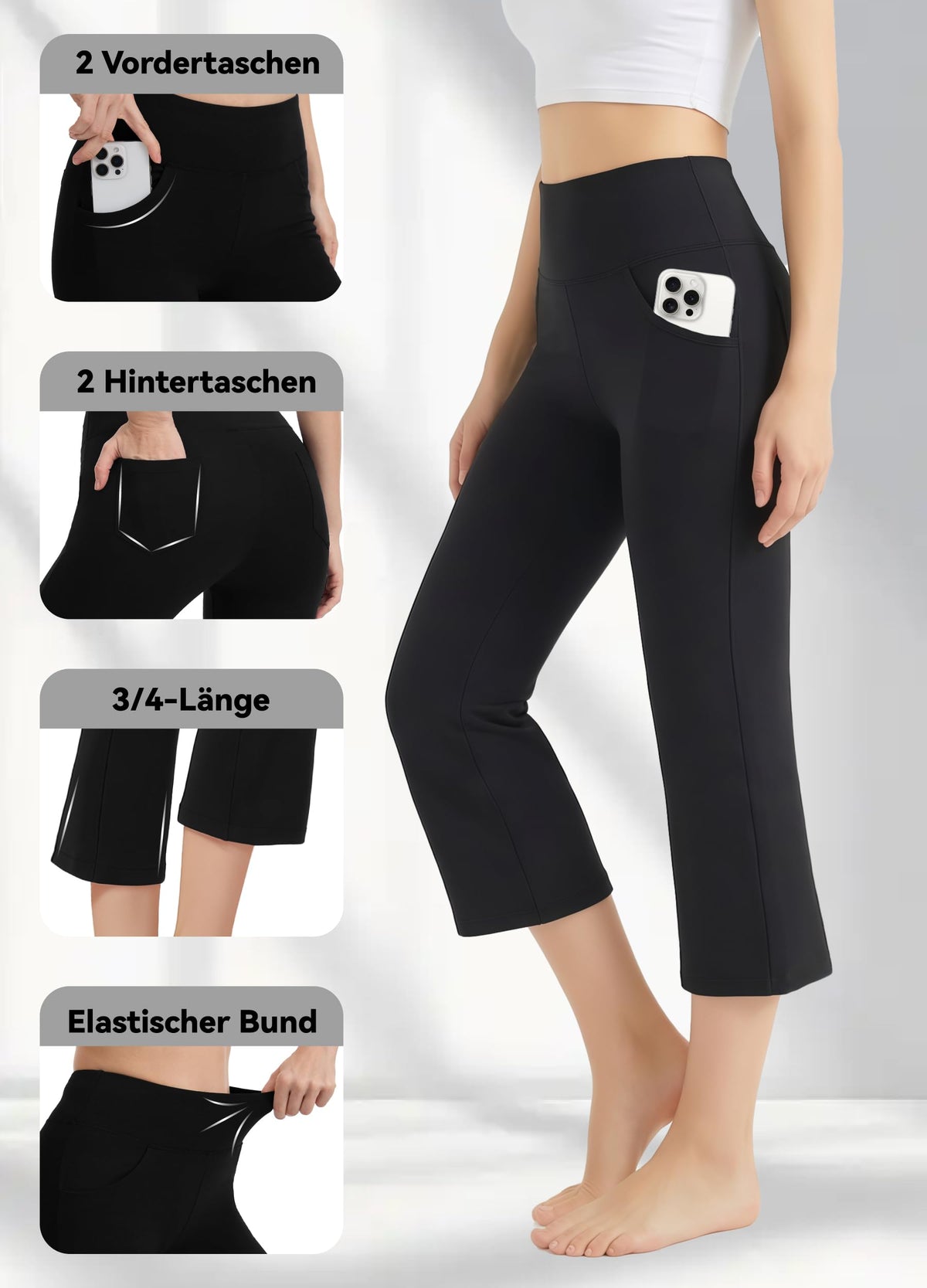 Women's Cotton Capri Yoga Pants Flared 3/4 Bootcut Leggings with Pockets – Black XXL