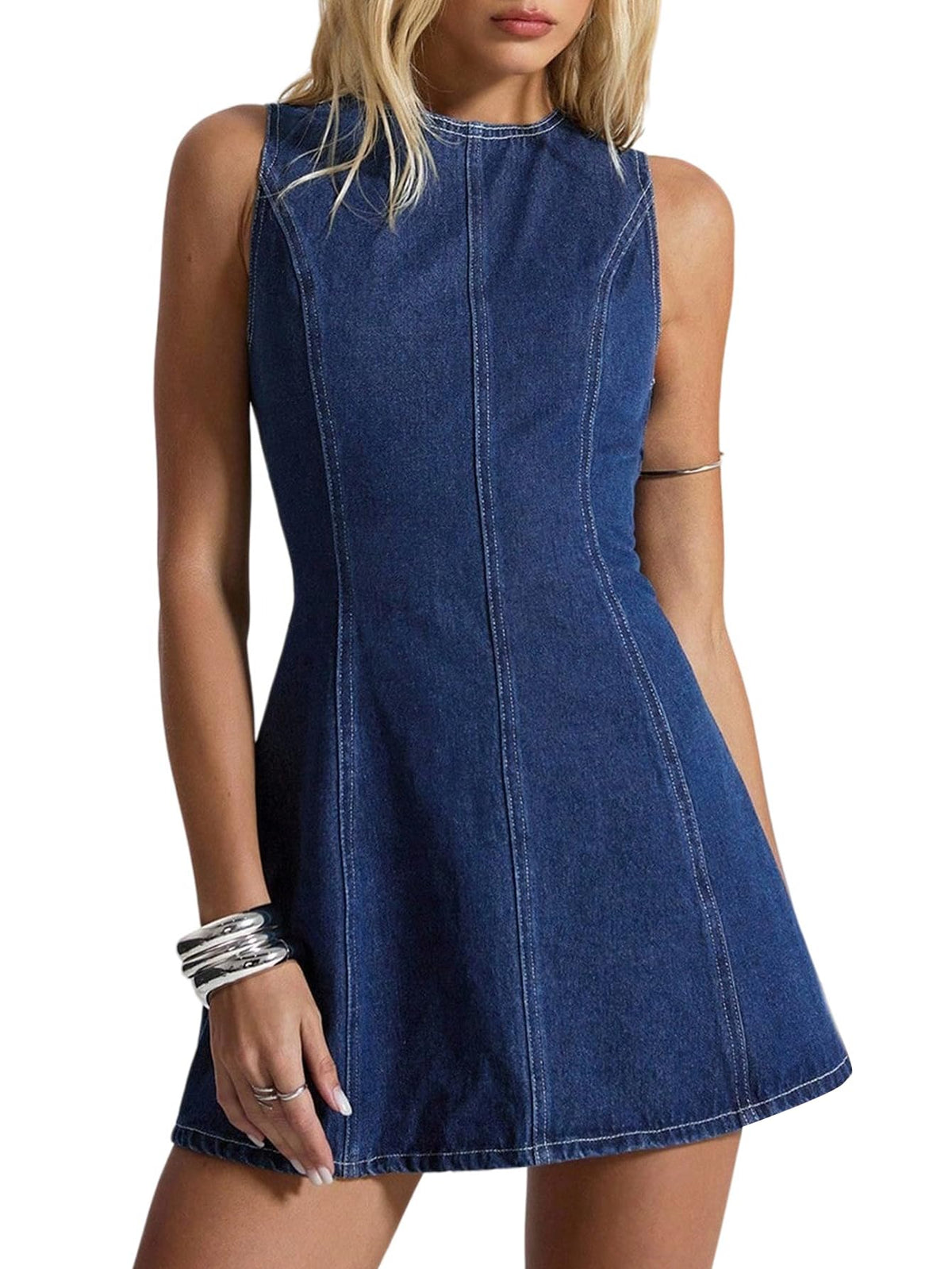 Women's Denim Mini Dress Backless A-Line Summer – Blue L