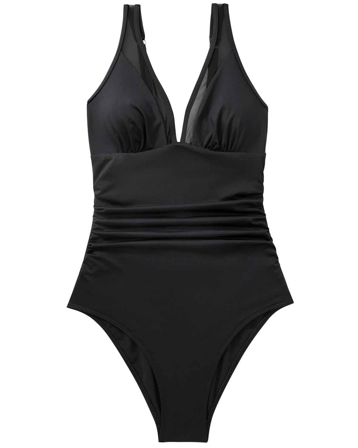 Women's V-Neck Mesh Tummy-Control Swimsuit with Cups Backless – Black XL