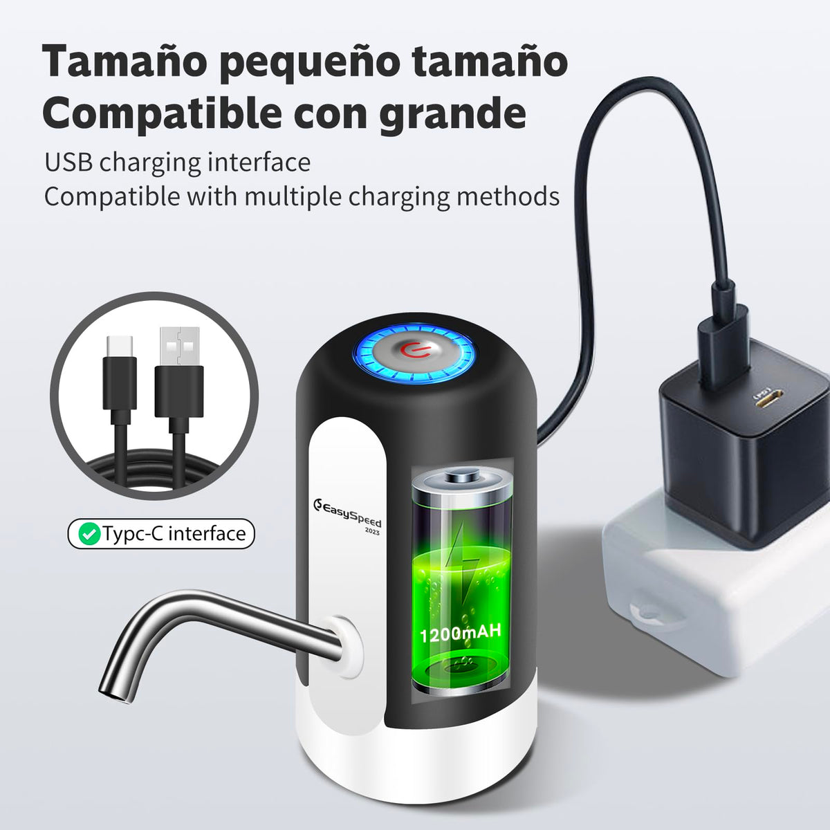 EASYSPEED Automatic Cold Water Dispenser, 1200mAh Electric USB Water Tap Pump, Portable Electric with 2 Adapters for 3, 5, 8, 10, 13, 15, 18 Liter Bottles and Carafes, Black