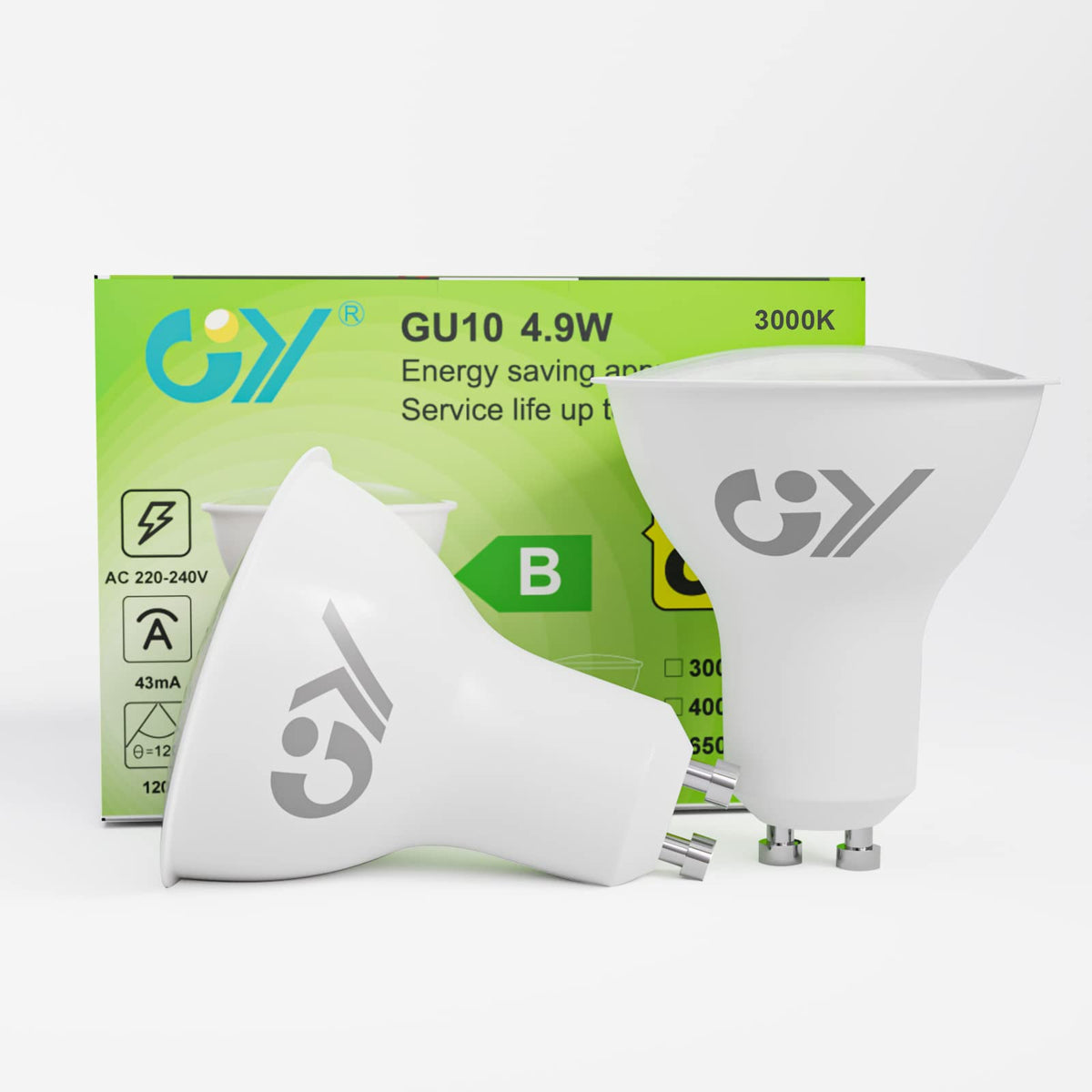 GY GU10 LED warm white lamp 4.9W 780 lumen 3000K warm white light bulbs, replaces 80W halogen lamp, beam angle 120° light source, not dimmable energy saving lamp, pack of 2 (energy efficiency class B)