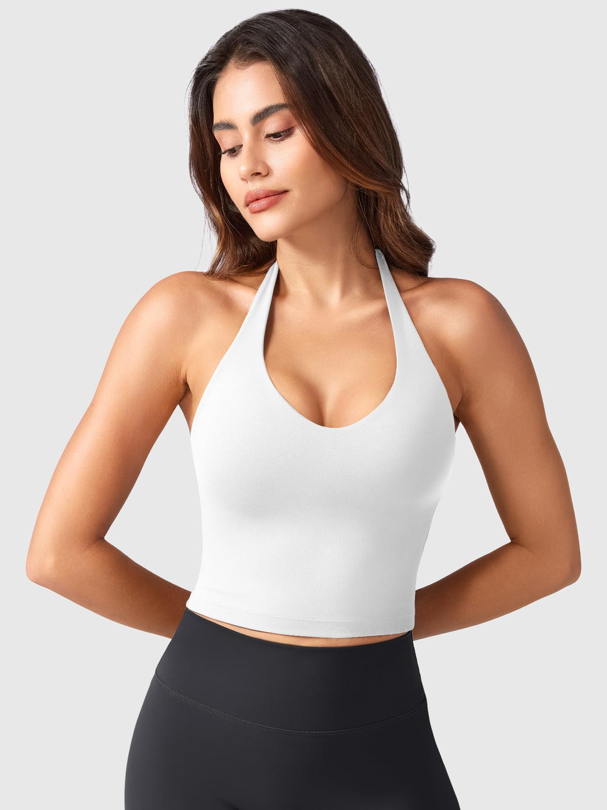 Halter Neck Deep V Padded Crop Top Padded Summer Sleeveless Top – White M