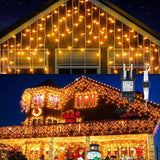 GlobaLink 400 LED fairy lights icicle, 10M light curtain outside extendable rain light chain icicle IP44 fairy lights outside and inside decoration for roof balcony Christmas party wedding - warm white