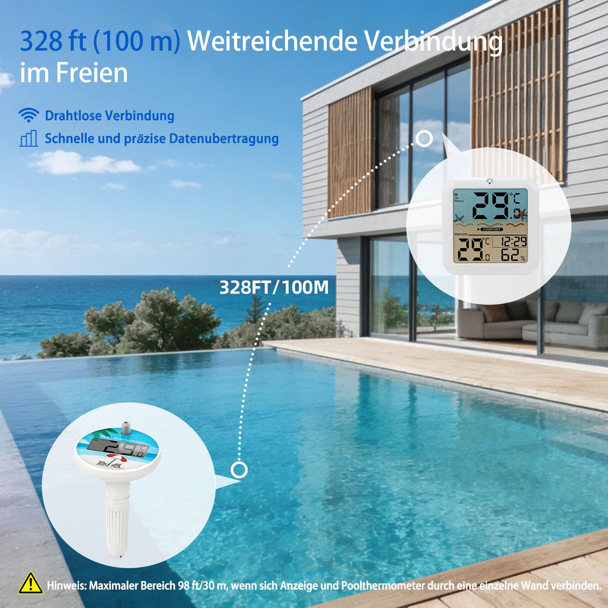 Wireless Pool Thermometer Digital Display IP68 Range up to 100m for Pools Ponds – White