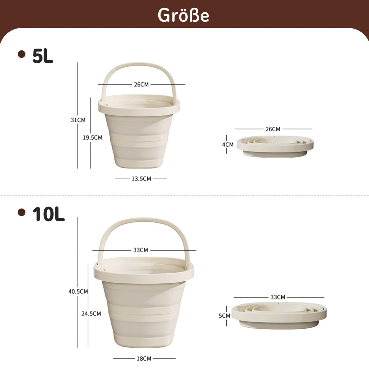 Collapsible Foldable Bucket 10L PP+TPR Space-saving – Cream