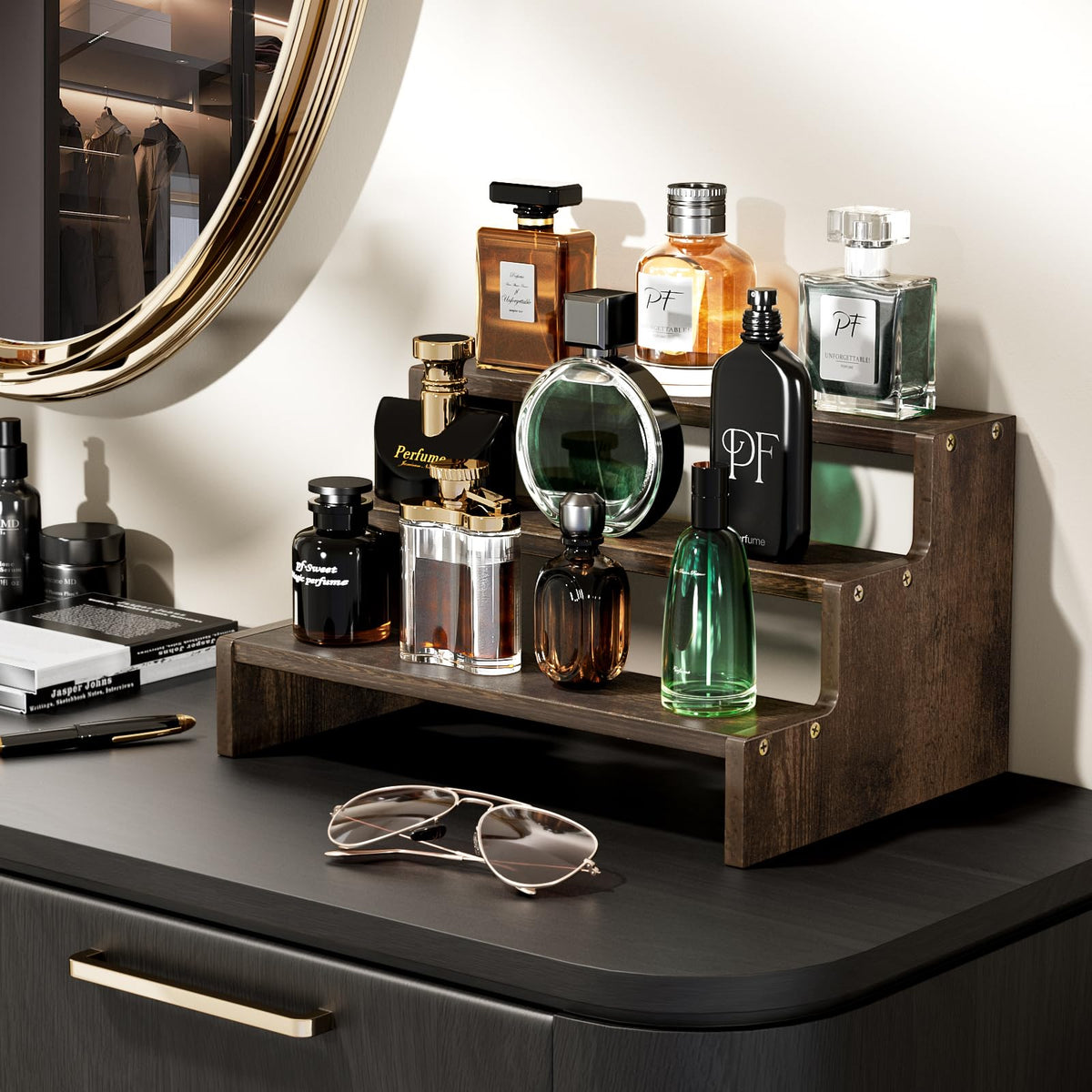 3-Tier Perfume Organizer Wooden Display Stand – Brown