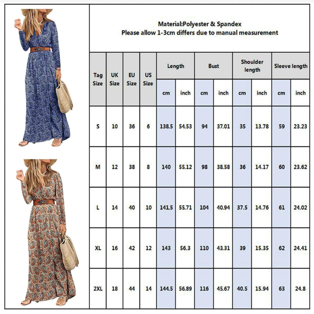 Women's Floral Long Wrap Dress V-Neck Long Sleeve Boho Beach Dress with Belt – Blue L