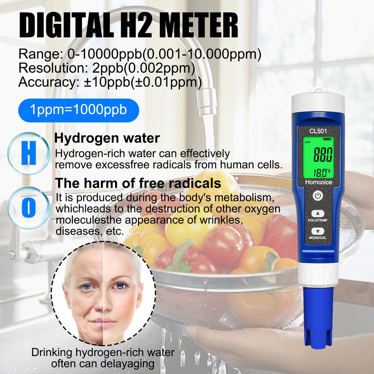 Water Quality Tester 5-in-1 pH Chlorine ORP Temperature – Handheld