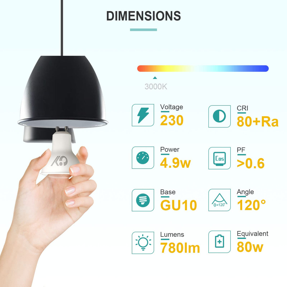 GY GU10 LED warm white lamp 4.9W 780 lumen 3000K warm white light bulbs, replaces 80W halogen lamp, beam angle 120° light source, not dimmable energy saving lamp, pack of 2 (energy efficiency class B)