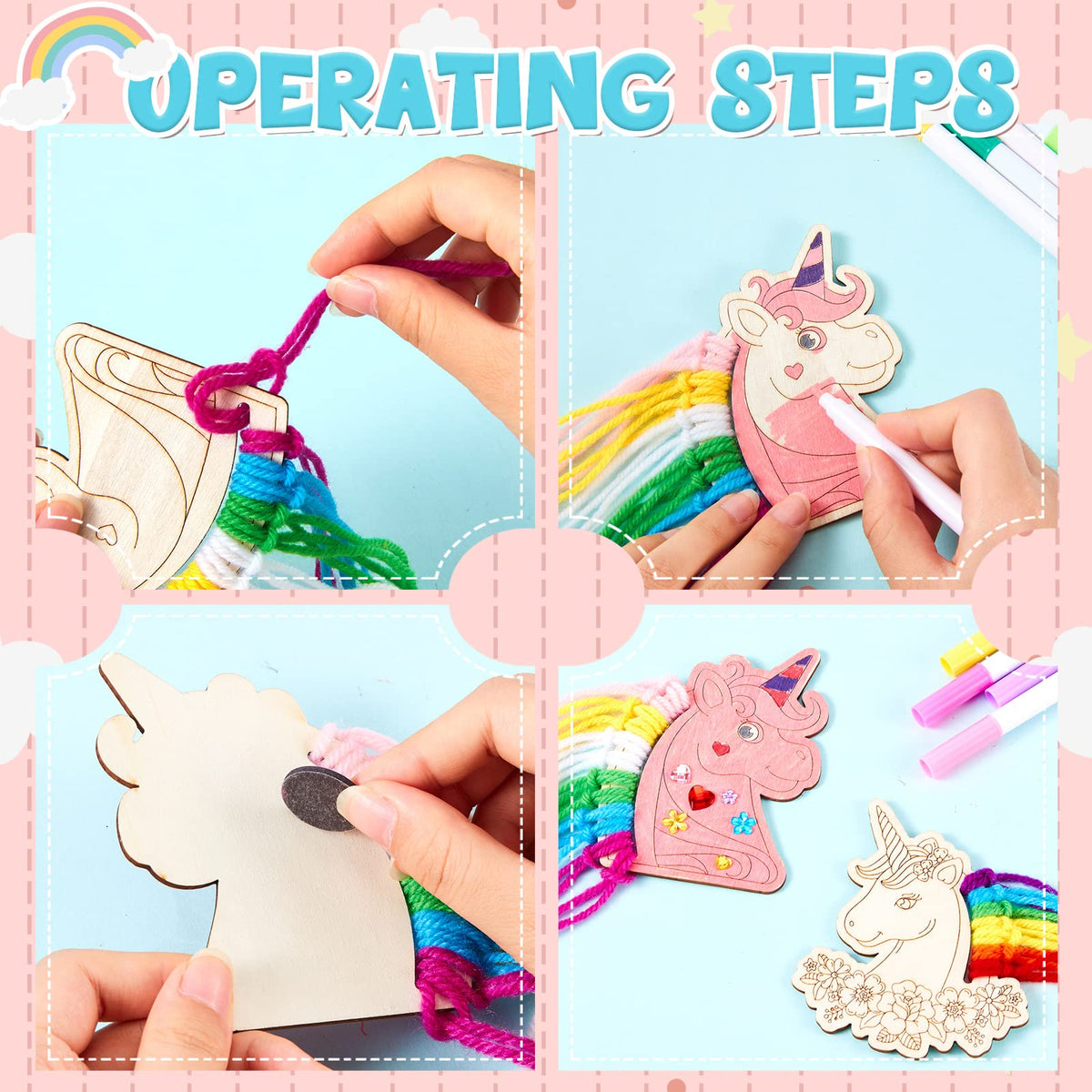 Harrycle 16 Set Wooden Unicorn Craft Set Children Unicorn Fridge Magnets Make Your Own Unicorn and Self-Adhesive Glitter Stones DIY Kit for Girls Boys Birthday Party Painting with the Family