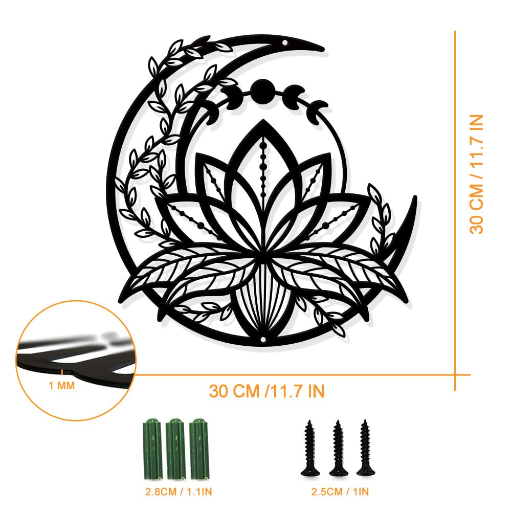 Decorațiune metalică de perete Faze Lunare și Lotus 30x30 cm – Negru Mat