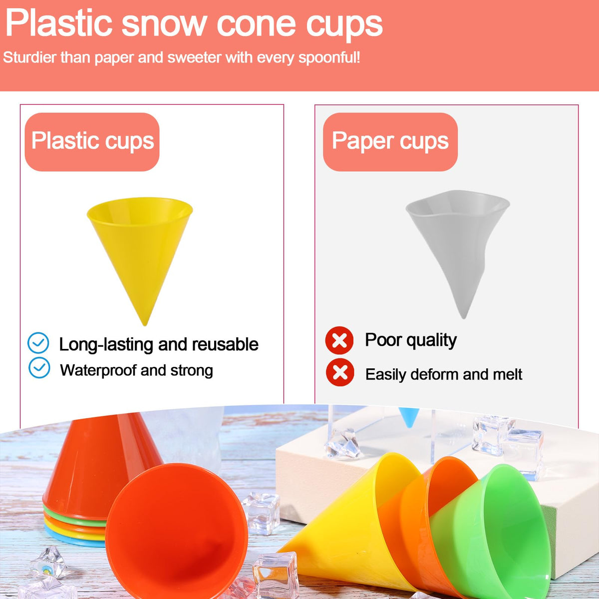 Reusable Snow Cone Cups 10-Pack 10.3x8cm Plastic for Machines – Multicolour