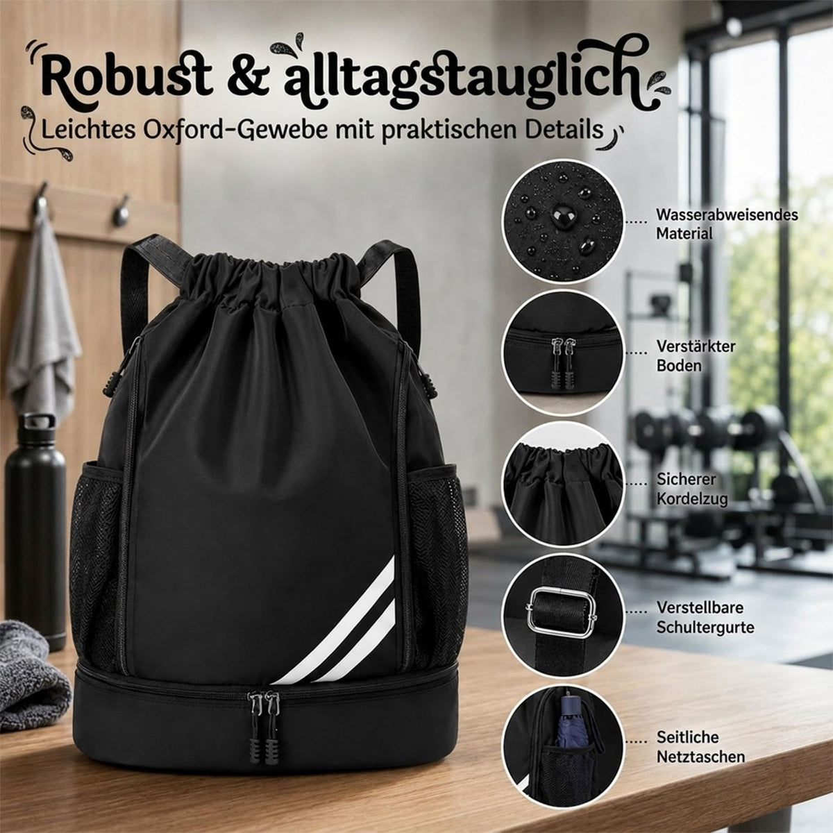 Kids Sports Gym Backpack Drawstring Sports Bag Lightweight – Black