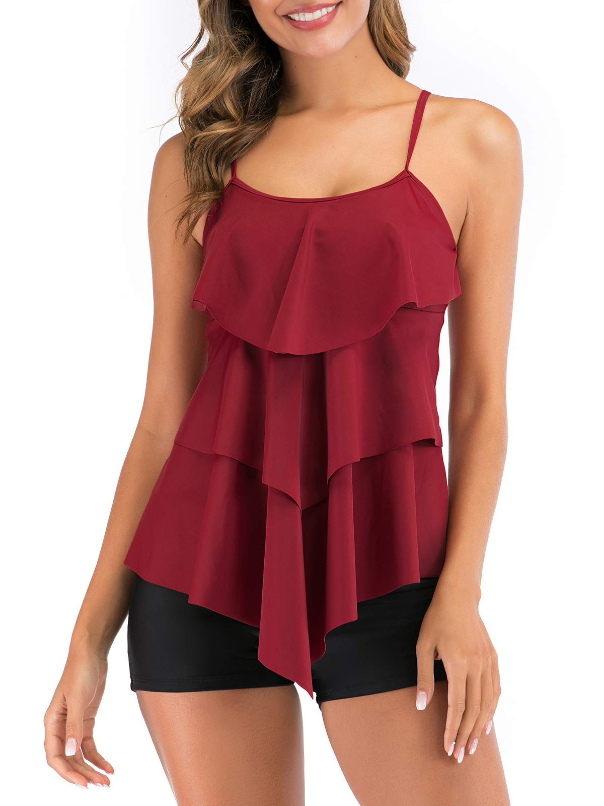 Women's 2-Piece Flounce Tankini Printed Top with Boyshorts Plus Size – Wine Red L