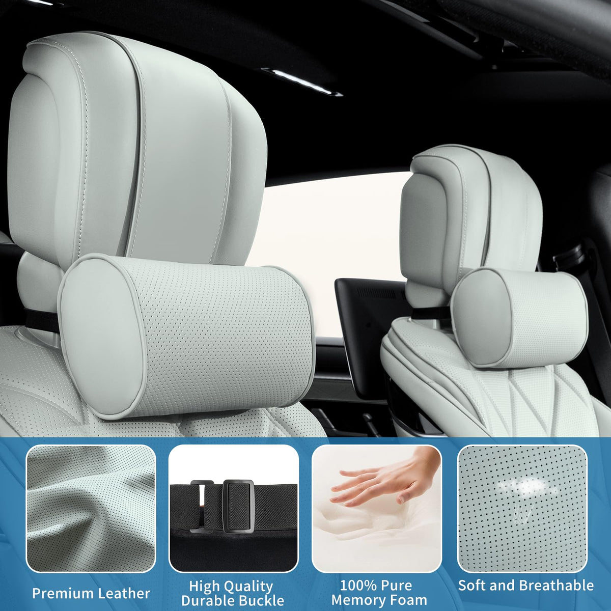 Memory Foam Car Neck Pillow Adjustable Leather Cover for Headrest – Grey