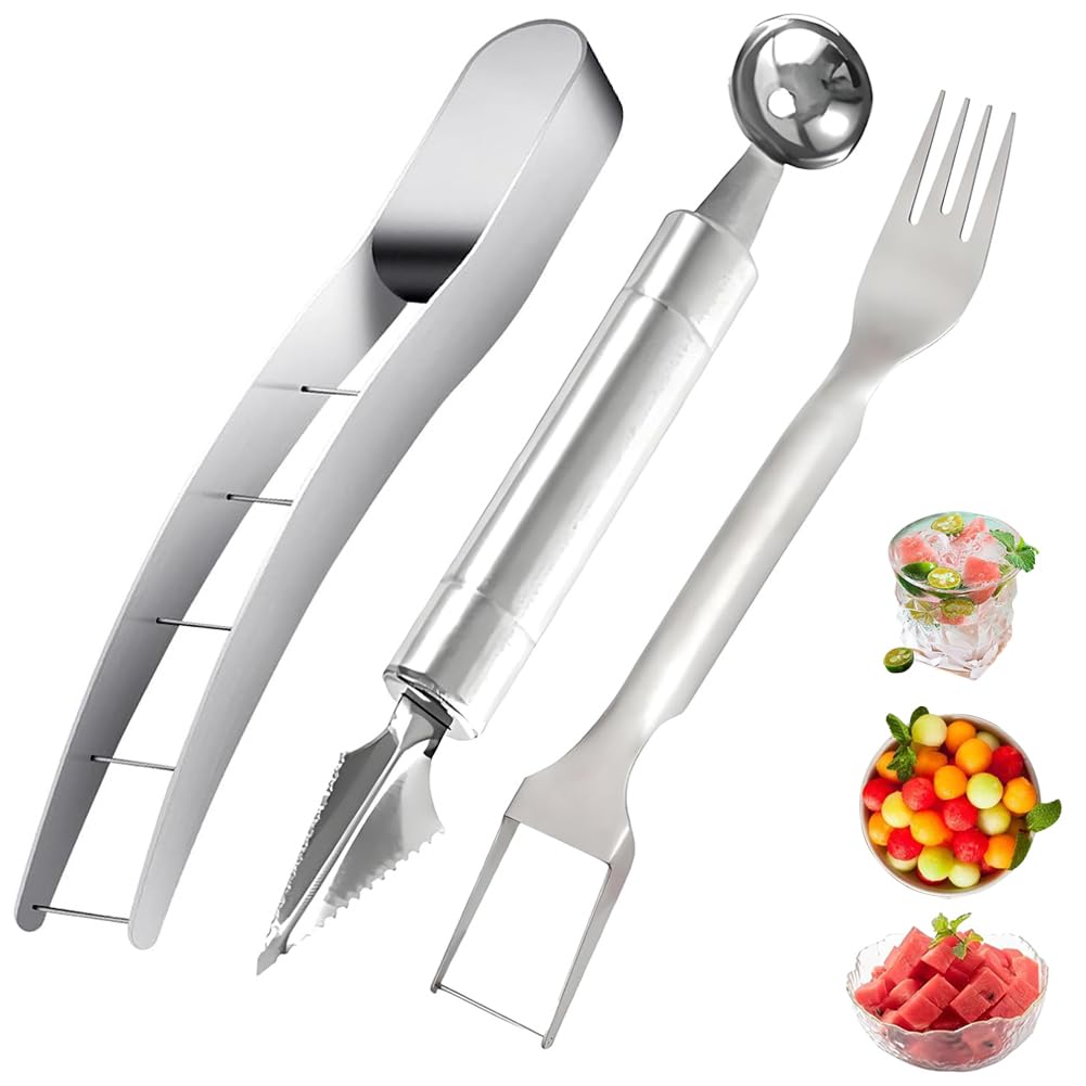Set 3 ustensile din inox pentru tăiat și servit pepene cu furculiță – Argintiu