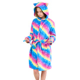 Girls' Plush Hooded Bathrobe with Cat Ears Soft Dressing Gown – Rainbow 5-6 Years