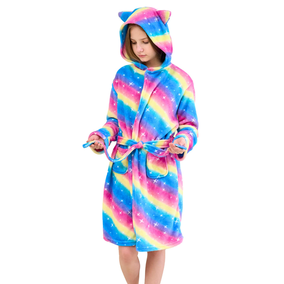 Girls' Plush Hooded Bathrobe with Cat Ears Soft Dressing Gown – Rainbow 5-6 Years