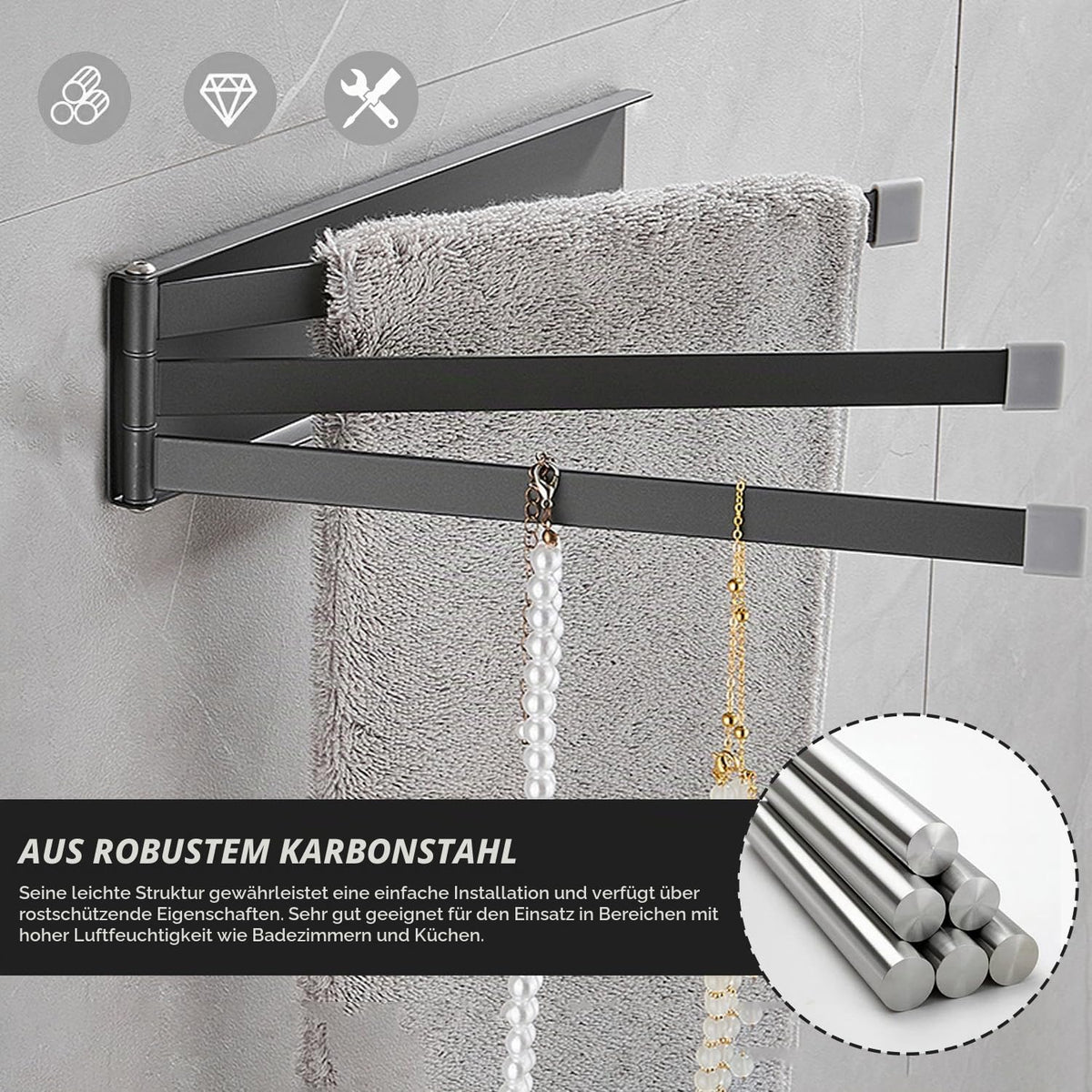 Wall-mounted 3-arm Guest Towel Rack No-drill Rotatable 180° – Grey