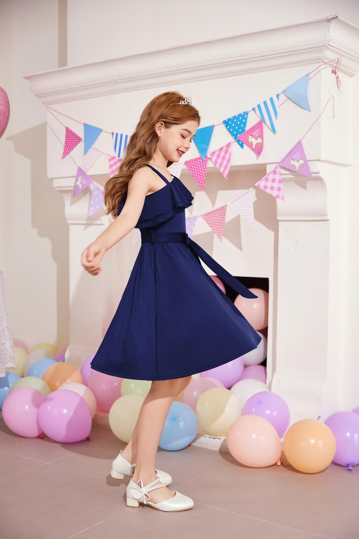 Girls' One-Shoulder Party Dress Ruffle Collar with Belt – Navy 9-10 Years