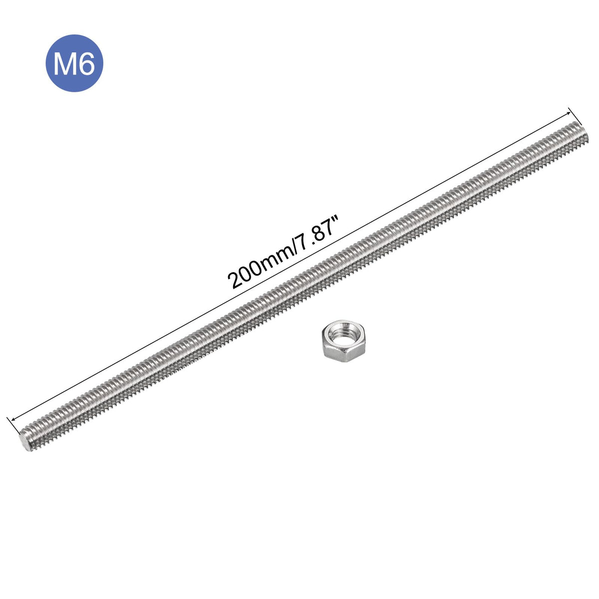 M6 x 200mm Solid Threaded Rods 24pc 304 Stainless Steel with Hex Nuts - M6 x 200mm