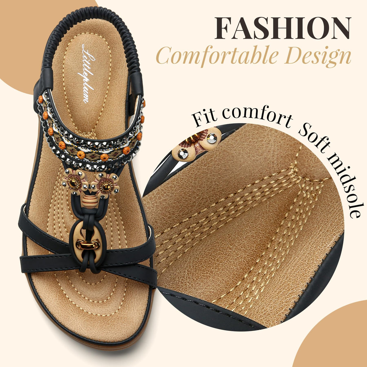 Women's Flat Sandals Rhinestone Beads Bohemian Beach Elastic Ankle Flip Flops – Various Sizes