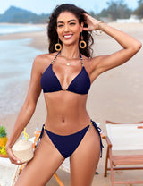 Triangle Bikini Set Halter Padded Top Gold Bead Detail – Various Sizes